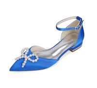 Yhsdfcn Wedding Shoes for Bride Flat Bridal Shoes Pointed Toe Satin Pearls Crystal Bow Ankle Strap Low Heel Comfort Evening Party Dress Shoes for Bridesmaids,Blue,5.5 UK