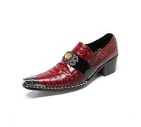 Yhsdfcn Western Cowboy Men's Red Crocodile Print Loafers Metal Pointed Toe Cuban Heel Luxury Exotic Dress Shoes,Red,10 UK