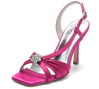 Yhsdfcn Women High Heel Sandals Floral Rhinestone Pleated Square Toe Satin Slingback Stiletto Sandals Adjustable Buckle Wedding Evening Formal Dress Heels,Rose red,5.5 UK