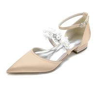 Yhsdfcn Women's 3D Floral Pearl Wedding Shoes - Satin Ballet Mary Jane Flats Pointed Toe Low Block Heel with Crystal Flowers,B Champagne,4 UK