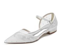 Yhsdfcn Women's Champagne Heart Mesh Pointed Toe Flats, Romantic Sheer Tulle Pumps with Rhinestone Buckle & Low Heel,White,8 UK