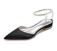 Yhsdfcn Women's Elegant Ankle Strap Shoes Pointed Toe Satin Dress Pumps Sparkling Rhinestone Chain Low Heel Office Work Shoes Ladies Casual D'Orsay Flats,Black,9.5 UK