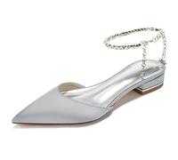 Yhsdfcn Women's Elegant Ankle Strap Shoes Pointed Toe Satin Dress Pumps Sparkling Rhinestone Chain Low Heel Office Work Shoes Ladies Casual D'Orsay Flats,B Silver,7 UK