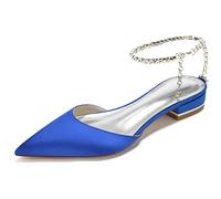 Yhsdfcn Women's Elegant Ankle Strap Shoes Pointed Toe Satin Dress Pumps Sparkling Rhinestone Chain Low Heel Office Work Shoes Ladies Casual D'Orsay Flats,Blue,6.5 UK