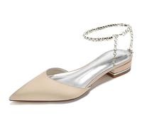 Yhsdfcn Women's Elegant Ankle Strap Shoes Pointed Toe Satin Dress Pumps Sparkling Rhinestone Chain Low Heel Office Work Shoes Ladies Casual D'Orsay Flats,B Champagne,4 UK