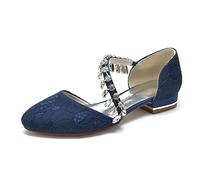 Yhsdfcn Women's Floral Lace Flat Shoes, Elegant Bridal Flats with Dazzling Crystal Strap and D'Orsay Cut, Comfortable Side-Open Wedding Guest Pumps with Metallic Heel,Dark Blue,5 UK