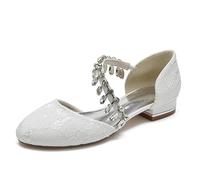 Yhsdfcn Women's Floral Lace Flat Shoes, Elegant Bridal Flats with Dazzling Crystal Strap and D'Orsay Cut, Comfortable Side-Open Wedding Guest Pumps with Metallic Heel,White,8.5 UK