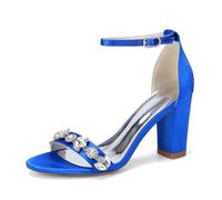 Yhsdfcn Women's Glamorous Rhinestone Chain Satin Sandals, 3.3" Chunky Block Heels with Jeweled Toe Strap, Elegant Formal Dress Shoes for Evening Gala & Wedding,blue,9.5 UK