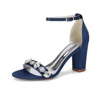 Yhsdfcn Women's Glamorous Rhinestone Chain Satin Sandals, 3.3" Chunky Block Heels with Jeweled Toe Strap, Elegant Formal Dress Shoes for Evening Gala & Wedding,dark blue,6.5 UK