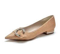 Yhsdfcn Women's Glitter Flat Pumps with Crystal Buckle - Pointed Toe Slip-on Wedding Shoes Comfortable Low Block Heel,Champagne,7 UK