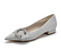 Yhsdfcn Women's Glitter Flat Pumps with Crystal Buckle - Pointed Toe Slip-on Wedding Shoes Comfortable Low Block Heel,Silver,8.5 UK