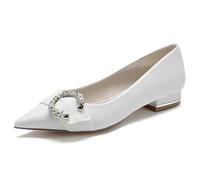 Yhsdfcn Women's Glitter Flat Pumps with Crystal Buckle - Pointed Toe Slip-on Wedding Shoes Comfortable Low Block Heel,White,8 UK
