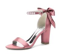 Yhsdfcn Women's Minimalist Satin Sandals Block Heel Wedding Shoes with Pearl Ankle Strap and Structured Bow,Pink,8.5 UK