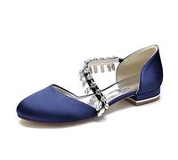 Yhsdfcn Women's Satin Flat Shoes, Elegant Bridal Flats with Dazzling Crystal Strap and D'Orsay Side-Open Cut, Comfortable Wedding Guest Pumps with Metallic Block Heel,Dark Blue,8 UK