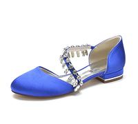 Yhsdfcn Women's Satin Flat Shoes, Elegant Bridal Flats with Dazzling Crystal Strap and D'Orsay Side-Open Cut, Comfortable Wedding Guest Pumps with Metallic Block Heel,Blue,7 UK