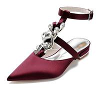 Yhsdfcn Women's Statement Crystal Chain Satin Slingback Shoes - Pointed Toe Low Block Heel Mary Jane Wedding Sandals,burgundy,6.5 UK