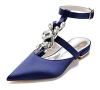 Yhsdfcn Women's Statement Crystal Chain Satin Slingback Shoes - Pointed Toe Low Block Heel Mary Jane Wedding Sandals,dark blue,9.5 UK