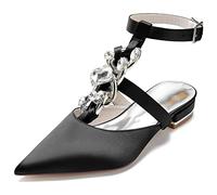 Yhsdfcn Women's Statement Crystal Chain Satin Slingback Shoes - Pointed Toe Low Block Heel Mary Jane Wedding Sandals,black,5.5 UK