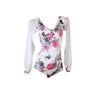 Yhsgscr Adult Latin Dancing Costume Women's V Neck Ballroom Training Outfit Printed Dance Clothes for Rumba Samba,White,XXL