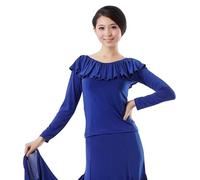 Yhsgscr Adult Long Sleeve Latin Dance Top Round Neck Tango Dancewear Women's Ruffles Ballroom Practice Costume Simple,Blue,M