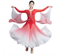 Yhsgscr Ballroom Big Swing Skirt Professional Modern Competition Dancewear for Women Party Banquet Dress with Rhinestone,Red,M