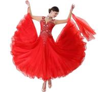 Yhsgscr Ballroom Competition Dress Women's Professional Flamenco Large A Line Skirt Foxtrot Banquet Outfit with Rhinestone,Red,XXL