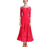Yhsgscr Ballroom Dance Training Outfit for Women Medium Sleeve Foxtrot Dancing Clothing Lace Waltz Large A Line Skirt,Red,XL