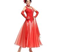 Yhsgscr Ballroom Performance Outfit for Women Party Dress Professional Modern Dancewear National Standard Social Dance Dresses,Red,M