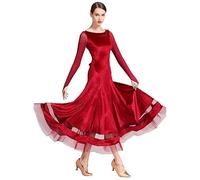 Yhsgscr Ballroom Practice Dress for Ladies Velvet Foxtrot Waltz Big Swing Skirt Long Sleeve Social Dancing Outfit Slim Fit,Red,XXL