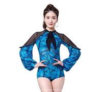 Yhsgscr Butterfly Print Latin Ballroom Dance Top Puff Lantern Sleeve Tango Training Costume for Women Cha Cha Bodysuit,Blue,M