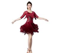 Yhsgscr Fringe Latin Dance Dresses Women's Tango Performance Clothes Cha Cha Dancing Clothing Mesh Splice Dancewear for Rumba,F,XXL