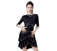 Yhsgscr Fringe Latin Dancing Dress Shiny Cha Cha Performance Clothes Women's Medium Sleeve Ballroom Tango Clothing,Black,M