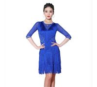 Yhsgscr Fringe Latin Training Outfit Medium Sleeve Tango Dancing Skirt Women's Cha Cha Clothing Dancewear for Rumba,Blue,3XL