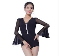 Yhsgscr Latin Dance One Piece Top V Neck Cha Cha Bodysuit Top for Samba Women's Salsa Performance Costume Mesh Splice,A,M
