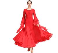 Yhsgscr Long Sleeve Ballroom Competition Dresses for Women Foxtrot Big Swing Skirt Tango Dancing Outfit Elastic Breathable,Red,XL