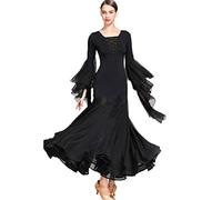 Yhsgscr Long Sleeve Ballroom Competition Dresses for Women Foxtrot Big Swing Skirt Tango Dancing Outfit Elastic Breathable,Black,S