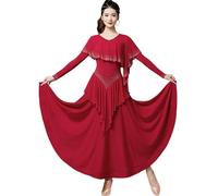 Yhsgscr Long Sleeve Ballroom Dance Dresses Women's V Neck Waltz Big Swing Skirt Tango Modern Dancing Performance Costume,Red,M