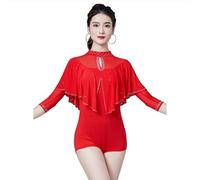 Yhsgscr Medium Sleeve Ballroom Bodysuit Women's Ruffles Waltz Training Outfit Social Dance Tops Modern Dancing Clothing,Red,XL