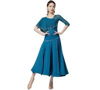 Yhsgscr Medium Sleeve Ballroom Dancing Large A Line Skirt Elegant Modern Dance Dresses Women's National Standard Clothing,Blue,M
