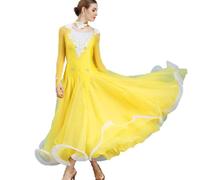 Yhsgscr Professional Ballroom Dance Competition Dress Women's Waltz Dancewear Long Sleeve Foxtrot Big Swing Skirt Mesh Splice,C,3XL