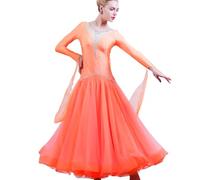 Yhsgscr Round Neck Ballroom Big Swing Skirt for Women Foxtrot National Standard Dance Dress Tango Performance Costume,Orange,XXL
