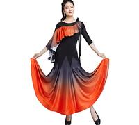 Yhsgscr Round Neck Ballroom Big Swing Skirt Ruffles Modern Dance Dress Tango Performance Outfit for Women Smooth Soft,Orange,XL