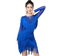 Yhsgscr Round Neck Latin Training Outfit Women's Tassel Salsa Dance Dresses Long Sleeve Tango Dancewear Cha Cha Clothing,Blue,M