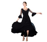 Yhsgscr Trumpet Sleeves Ballroom Performance Clothes Women's Modern Dance Big Swing Skirt Banquet National Standard Dresses,Black,S