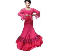 Yhsgscr Trumpet Sleeves Ballroom Practice Dress Women's Waltz Skirt Social Dance Set Flamenco Clothing Foxtrot Tango Split Set,C,XL