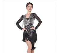 Yhsgscr V Neck Latin Professional Performance Outfit Long Sleeve Salsa Dance Dresses Tassel Tango Cha Cha Dancing Skirt,Black,XXL