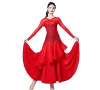 Yhsgscr V Neck Professional Ballroom Dress Sequin National Standard Dance Outfit Banquet Waltz Big Swing Skirt for Women,C,M