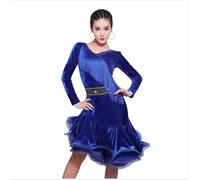 Yhsgscr Velvet Latin Dancing Skirt Dancewear for Samba Rumba Asymmetric Hem Women's Long Sleeve Cha Cha Dance Dresses,Blue,XXL