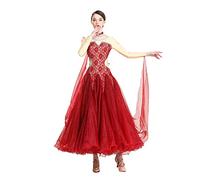 Yhsgscr Women's Ballroom Professional Competition Clothing Waltz Dance Dress Social Big Swing Skirt Flamenco Foxtrot Dancewear,Red,XXL