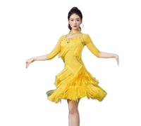 Yhsgscr Women's Latin Performance Dresses Medium Sleeve Salsa Tango Dancing Skirt Tassel Cha Cha Dancewear with Rhinestone,Yellow,XXL